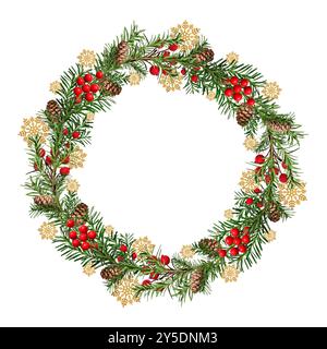 Festlicher Weihnachtskranz. Runder Rahmen aus Nadelzweigen, verziert mit Kegeln, künstlichen roten Beeren und dekorativen goldenen Schneeflocken. Stockfoto