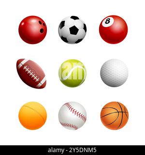 Vektorsymbol für Sportbälle. Sammlung verschiedener Bälle Fußball, Basketball, Tennis Golf. Sport Bowling Baseball Fußball-Ikonen Stock Vektor
