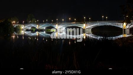 Fotografía nocturna del puente Enrique Estevan iluminado, reflejado en las tranquilas aguas del Río Tormes. Salamanca, España Stockfoto