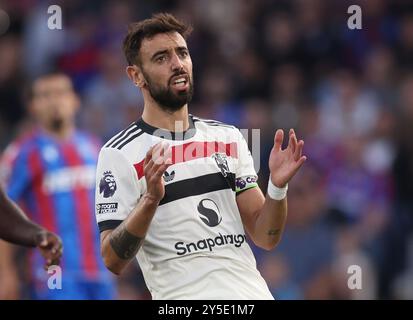 London, Großbritannien. September 2024. Bruno Fernandes von Manchester United reagiert auf das Spiel der Premier League im Londoner Selhurst Park. Der Bildnachweis sollte lauten: Paul Terry/Sportimage Credit: Sportimage Ltd/Alamy Live News Stockfoto