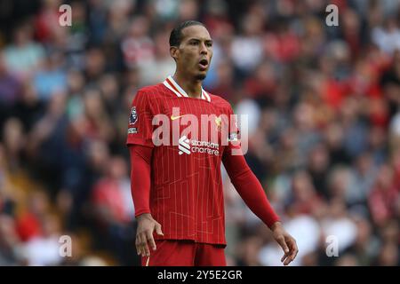 Liverpool, Großbritannien. September 2024. Virgil van Dijk aus Liverpool sieht zu. Premier League Spiel Liverpool gegen Bournemouth in Anfield in Liverpool am Samstag, den 21. September 2024. Dieses Bild darf nur für redaktionelle Zwecke verwendet werden. Nur redaktionelle Verwendung. bild von Chris Stading/Andrew Orchard Sportfotografie/Alamy Live News Credit: Andrew Orchard Sportfotografie/Alamy Live News Stockfoto