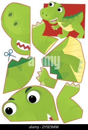 Zeichentrickszene mit Charakter Puzzle Ausschnitt pädagogische Übung Handarbeit mit Schere Tier Dinosaurus dino tyrannosaurus trex Illustration für c Stockfoto