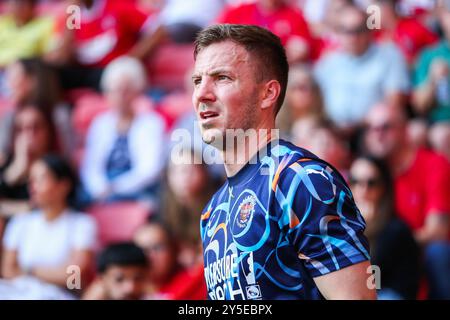 London, Großbritannien. September 2024. Lee Evans von Blackpool schaut beim Sky Bet League 1 Spiel Charlton Athletic vs Blackpool at the Valley, London, United Kingdom, 21. September 2024 (Foto: Izzy Poles/News Images) in London, United Kingdom am 21. September 2024. (Foto: Izzy Poles/News Images/SIPA USA) Credit: SIPA USA/Alamy Live News Stockfoto