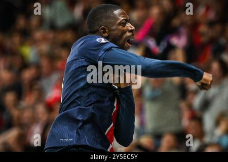 Reims, Frankreich, Frankreich. September 2024. Ousmane DEMBELE von PSG feiert sein Tor beim Spiel der Ligue 1 zwischen Stade de Reims und Paris Saint-Germain (PSG) am 21. September 2024 im Auguste-Delaune-Stadion in Reims. (Kreditbild: © Matthieu Mirville/ZUMA Press Wire) NUR REDAKTIONELLE VERWENDUNG! Nicht für kommerzielle ZWECKE! Stockfoto