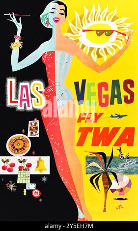 „Fly TWA - Las Vegas“ von Trans World Airlines 1963 Tourismusplakat, das Reisende einlädt, die glamouröse Wüstenstadt zu besuchen und das Nachtleben, die Kasinos, die Unterhaltung und die Sonne zu genießen. Kunstwerk von David Klein (1918-2005). Kredit: Privatsammlung / AF Fotografie Stockfoto