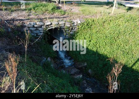 Wind wehendes Gras, wenn Wasser aus einem Metallrohr mit grünem Gras an den Seiten in einen Fluss fließenden Wassers an einem sonnigen Tag fließt. Über Felsen Stockfoto