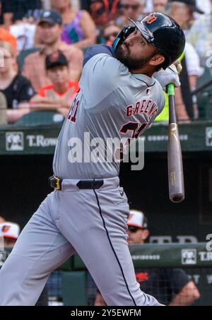 Baltimore, USA. September 2024. BALTIMORE, MD – 21. SEPTEMBER: Der Outfield-Spieler Riley Greene (31) der Detroit Tigers trifft am 21. September 2024 im Orioles Park in Camden Yards in Baltimore, Maryland, ein MLB-Spiel zwischen den Baltimore Orioles und den Detroit Tigers. (Foto: Tony Quinn/SipaUSA) Credit: SIPA USA/Alamy Live News Stockfoto