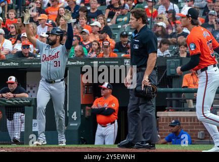 Baltimore, USA. September 2024. BALTIMORE, MD – 21. SEPTEMBER: Der Outfield-Spieler Riley Greene (31) der Detroit Tigers erzielte am 21. September 2024 im Orioles Park in Camden Yards in Baltimore, Maryland, ein MLB-Spiel zwischen den Baltimore Orioles und den Detroit Tigers. (Foto: Tony Quinn/SipaUSA) Credit: SIPA USA/Alamy Live News Stockfoto