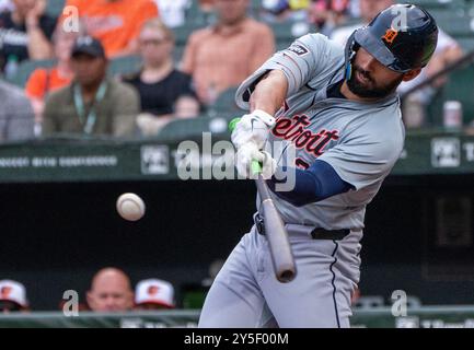 Baltimore, USA. September 2024. BALTIMORE, MD – 21. SEPTEMBER: Der Outfield-Spieler Riley Greene (31) der Detroit Tigers bei einem MLB-Spiel zwischen den Baltimore Orioles und den Detroit Tigers am 21. September 2024 im Orioles Park in Camden Yards in Baltimore, Maryland. (Foto: Tony Quinn/SipaUSA) Credit: SIPA USA/Alamy Live News Stockfoto