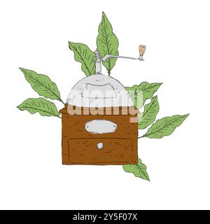 Mechanische hölzerne Kaffeemühle mit Kaffeepflanze hinterlässt digitale Komposition Farbillustration für Kaffeehaus für Druck und Web: Logo, Geschäft Stockfoto