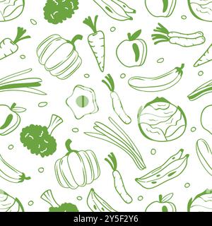 Nahtloses Muster von Lebensmitteln Obst und Gemüse grüne handgezeichnete Linienkunst Stock Vektor