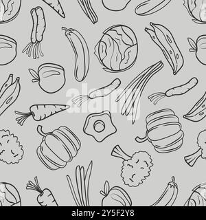 Nahtloses Muster von Lebensmitteln Obst und Gemüse handgezeichnete Strichkunst Stock Vektor