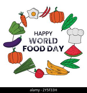 Happy World Food Day Schriftzug mit handgezeichneten Lebensmitteln, Obst und Gemüse Social Media Post Stock Vektor
