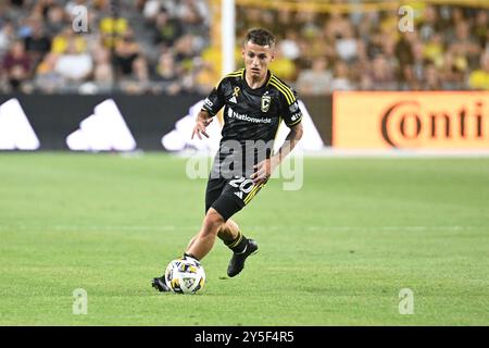 Columbus, Ohio, USA. September 2024. Der Mittelfeldspieler Alexandru Matan (20) der Columbus Crew trägt den Ball gegen Orlando City SC in Columbus, Ohio. Brent Clark/Cal Sport Media/Alamy Live News Stockfoto