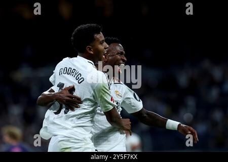 Madrid, Spanien. September 2024. Madrid, Spanien; 21.09.2024.- Rodrygo erzielt ein Tor. Real Madrid gegen Espanyol Spieltag 6 der spanischen Fußballliga im Stadion Santiago Bernabéu in der Hauptstadt des Königreichs Spanien. Real Madrid schlägt Espanyol 4-1 mit Toren von Dani Carvajal, Rodrygo Goes, Vinícius Júnior und Kylian Mbappé Credit: Juan Carlos Rojas/dpa/Alamy Live News Stockfoto