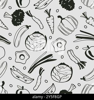 Nahtloses Muster von Lebensmitteln, Obst und Gemüse - handgezeichnete Strichkunst auf grauem Hintergrund. Vektorabbildung Stock Vektor
