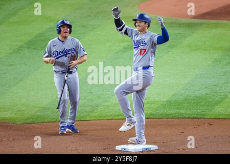 MIAMI, FLORIDA - 19. SEPTEMBER 2024: Shohei Ohtani beim Spiel 50/50, Miami Marlins und Los Angeles Dodgers, Foto: Chris Arjoon/American Presswire Stockfoto