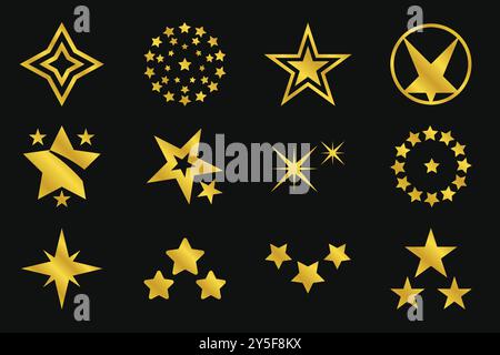 Goldene Sternen-Logokollektion auf schwarzem Hintergrund. Vektorabbildung Stock Vektor
