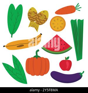 Flaches Design der Lebensmittel-, Obst- und Gemüsesammlung. Stock Vektor