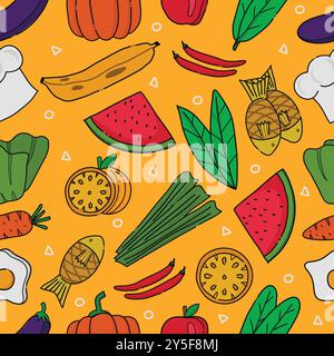 Nahtloses Muster von Lebensmitteln, Obst und Gemüse - Hand gezeichnet verschiedene Farben auf gelbem Hintergrund. Vektorabbildung Stock Vektor