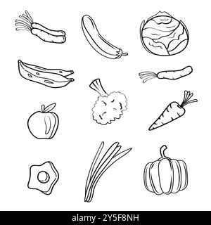 Handgezeichnete Kunst von Speisen, Obst und Gemüse auf weißem Hintergrund. Vektorabbildung Stock Vektor