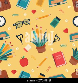 Nahtloses Muster des Schulzugangs einschließlich Schulbedarf. Vektorabbildung Stock Vektor