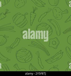 Nahtloses Muster von Hand gezeichnete Lebensmittel und Gemüse auf grünem Hintergrund. Vektorabbildung Stock Vektor