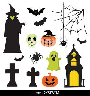 Halloween Elements Kollektion mit Spukhaus, Schädel, Fledermäusen, Baum, Kürbisse, Mond, Grabstein, Hexe, Geist und Spinnennetz. Vektorabbildung Stock Vektor