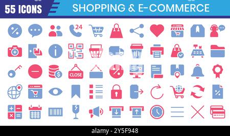 E-Commerce flache zweifarbige Symbole gesetzt. Online-Shopping-Symbol-Sammlung. Vektorabbildung Stock Vektor