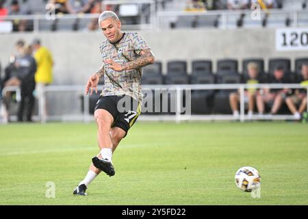 Columbus, Ohio, USA. September 2024. Die Columbus Crew stürmte Christian Ramirez (17), bevor sie gegen Orlando City SC in Columbus (Ohio) spielte. Brent Clark/Cal Sport Media/Alamy Live News Stockfoto