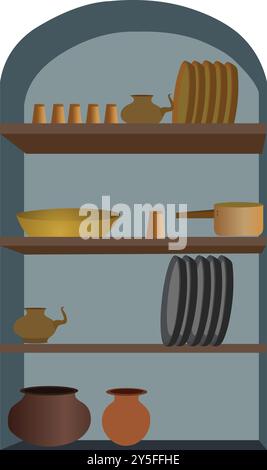 Nischen mit Utensilien Regal und Galerie Ausstellungsrahmen, Utensilien Schaufenster. Bogennischenregal in der grauen Wand mit Utensilien, Ausstellungsregale vect Stock Vektor