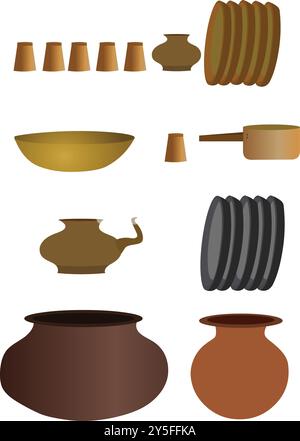 Küchenutensilien und Geschirr Set Vektor Illustration. Küchenelemente isoliert auf weißem Hintergrund Stock Vektor