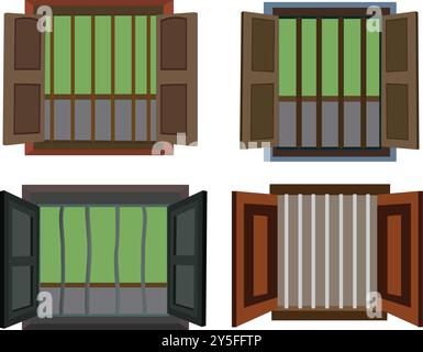 Öffnen Sie die Windows-Gruppe isoliert auf weißem Hintergrund. Holzfenster. Vektor-Illustration der Fenstersammlung für Zeichentrickanimation Stock Vektor