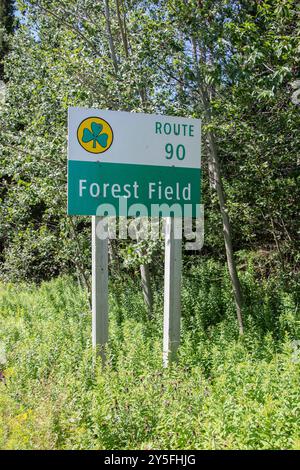 Wegweiser Route 90 in Forest Field, Neufundland & Labrador, Kanada Stockfoto