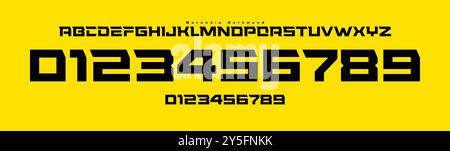 Auffällige, eckige Schriftart, futuristische Randnummern und Buchstaben, starkes geometrisches Strukturalphabet für Sportmarken, Trikotnummern, Teamartikel Stock Vektor