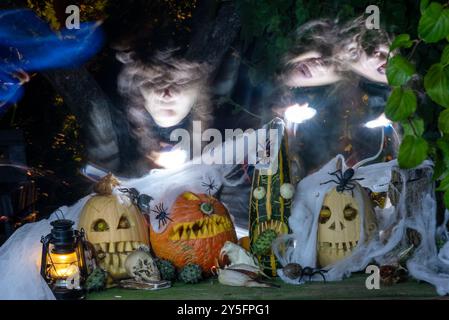 Gruselige Jack O Lantern Halloween Kürbisse im Dunkeln, geschnitzte Kürbisse mit verschiedenen gruseligen Gesichtern umgeben von einem Geistergesicht im Hintergrund, Hallowee Stockfoto