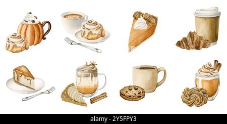 Herbstgetränke und Gebäck Desserts Clipart. Set mit herbstlichen Süßigkeiten und Getränken. Aquarell-Lebensmittelillustration isoliert auf weißem Hintergrund für Thanksgivin Stockfoto