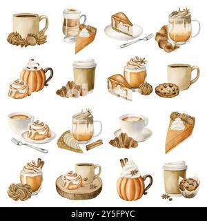 Herbstgetränke und Gebäck Desserts Clipart. Set mit herbstlichen Süßigkeiten und Getränken. Aquarell-Lebensmittelillustration isoliert auf weißem Hintergrund für Thanksgivin Stockfoto