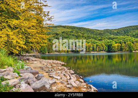 Morské oko, natürlicher See im Buchenwald, Naturschutzgebiet Vihorlat, Spätsommer, Vihorlat-Gebirge, Karpaten, Region Kosice, Slowakei Stockfoto