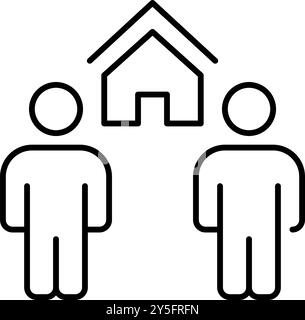 Zwei Leute und ein Haus zwischen ihnen. Geteiltes Wohnen, Wohneigentum oder Mietverträge. Pixelperfektes, bearbeitbares Konturvektorsymbol Stock Vektor