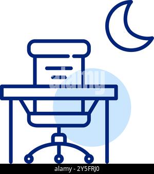 Schreibtisch und Stuhl mit Mondsichel. Spät in der Nacht, Überstunden. Pixelperfektes, bearbeitbares Konturvektorsymbol Stock Vektor