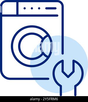 Waschmaschine und Schraubenschlüssel. Reparaturen an Haushaltsgeräten. Pixelperfektes, bearbeitbares Konturvektorsymbol Stock Vektor