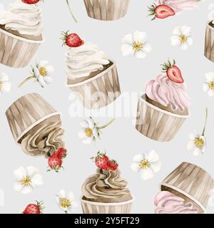 Cupcakes mit Erdbeeren und Blumen. Nahtloses Aquarellmuster auf blauem Hintergrund mit Muffins und Früchten für Süßwarendesign, Tischtextil, Stockfoto