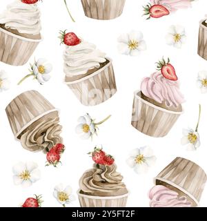 Cupcakes mit Erdbeeren und Blumen. Nahtloses Aquarellmuster auf weißem Hintergrund mit Muffins und Früchten für Süßwarendesign, Tischtextil, Stockfoto