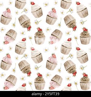 Cupcakes mit Erdbeeren und Blumen. Nahtloses Aquarellmuster auf weißem Hintergrund mit Muffins und Früchten für Süßwarendesign, Tischtextil, Stockfoto