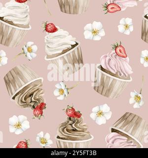 Cupcakes mit Erdbeeren und Blumen. Nahtloses Aquarellmuster auf rosafarbenem Hintergrund mit Muffins und Früchten für Süßwarendesign, Tischtextil, Stockfoto