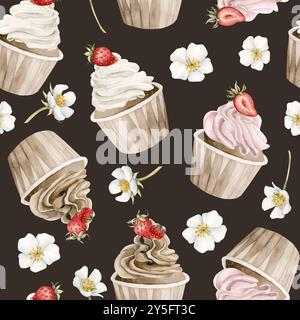Cupcakes mit Erdbeeren und Blumen. Nahtloses Aquarellmuster auf dunklem Hintergrund mit Muffins und Früchten für Süßwarendesign, Tischtextil, Stockfoto