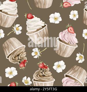Cupcakes mit Erdbeeren und Blumen. Nahtloses Aquarellmuster auf braunem Hintergrund mit Muffins und Früchten für Süßwarendesign, Tischtextil, Stockfoto