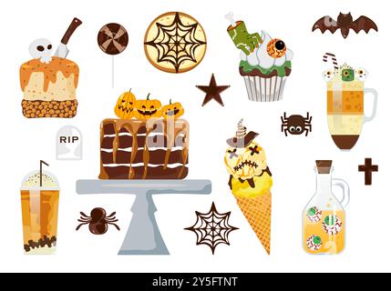 Halloween Kuchen Set Fancy Halloween Elements Spooky Desserts: Geister, Kürbisse, Friedhöfe, Knochen, Schädel, Fledermäuse und Spinnen sind auf dem Kuchen dekoriert Stock Vektor