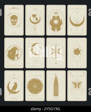 Goldene große Arcana Symbole Tarot Karten Design Set. Tarot-Symbolismus. Rätsel, Astrologie, Alchemie. Vektorabbildung Stock Vektor